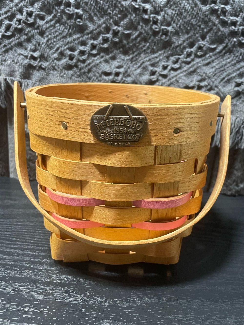 Rare Peterboro Basket Co. 150th Anniversary Wood Hanging Basket Pink Accents